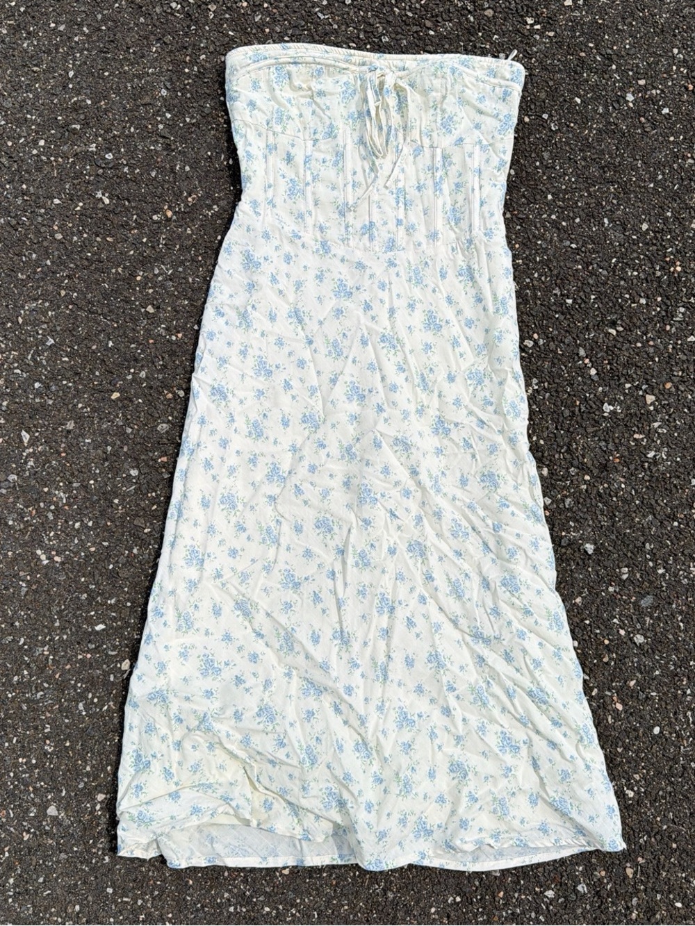 Cream Strapless Floral Maxi Dress with Blue Bouquet Print